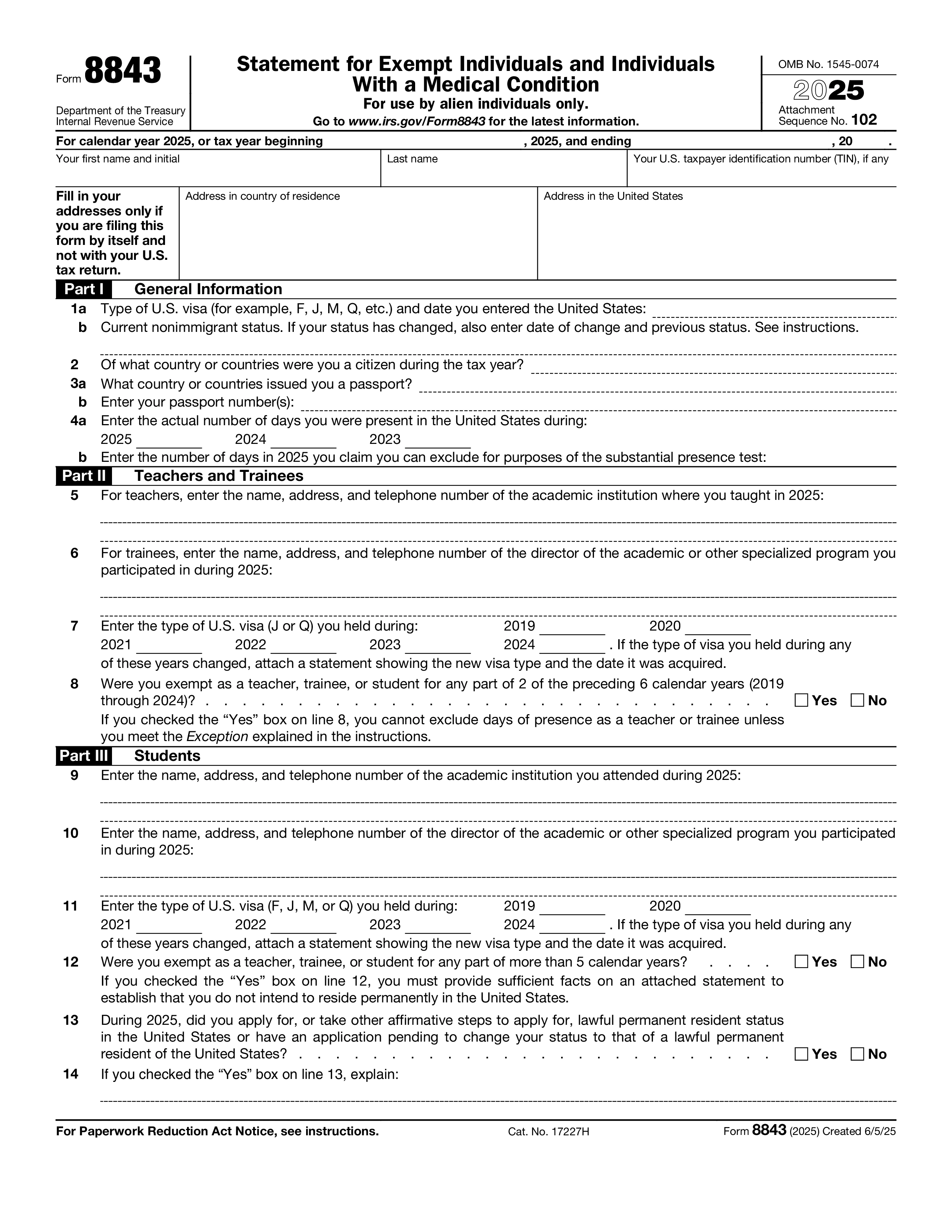 閲覧用 Form 8843 - Fillable PDF Template | Zendocs